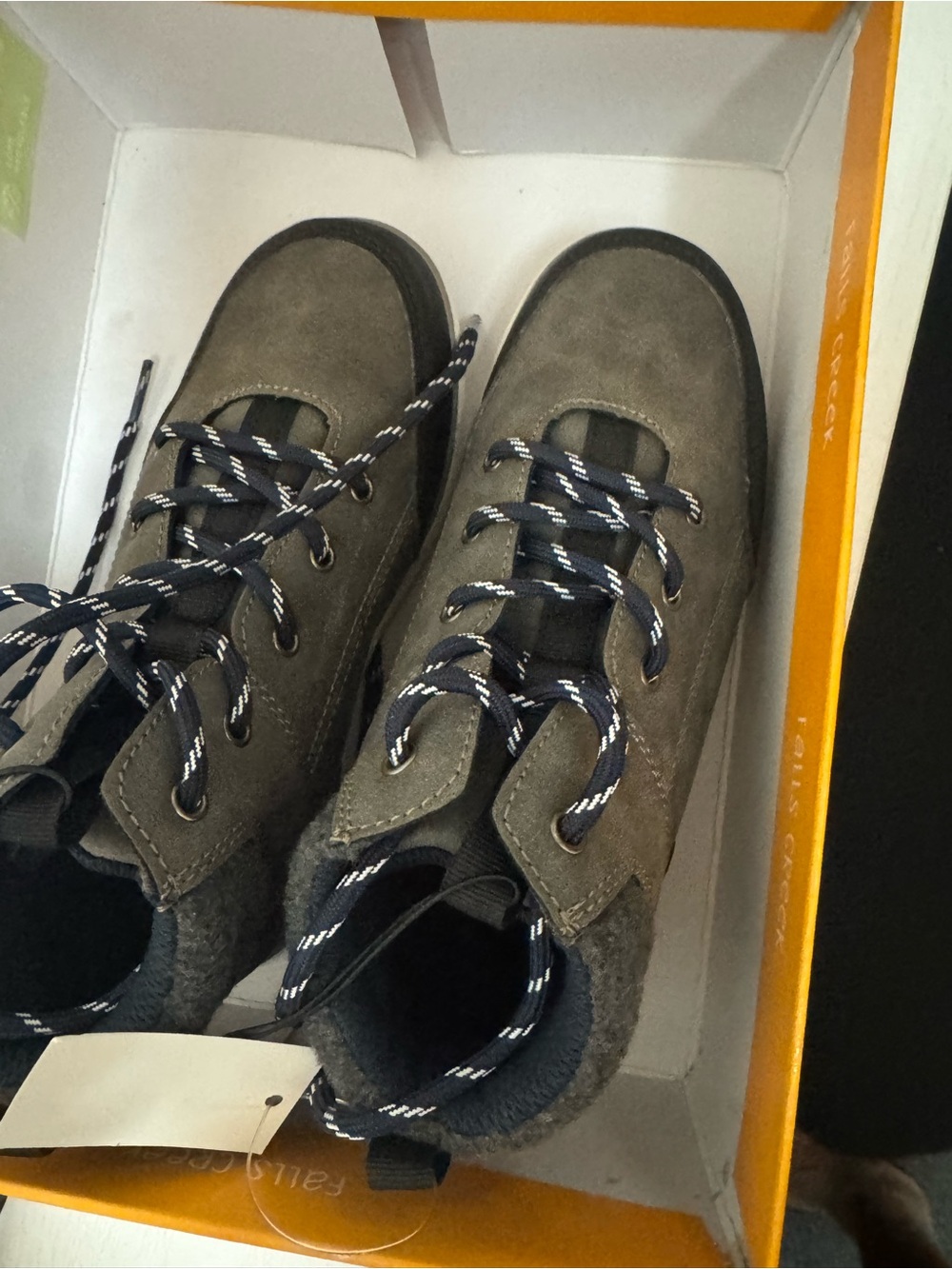 Falls Creek Olive Suede Lace-Up Kids Boots with Navy Laces